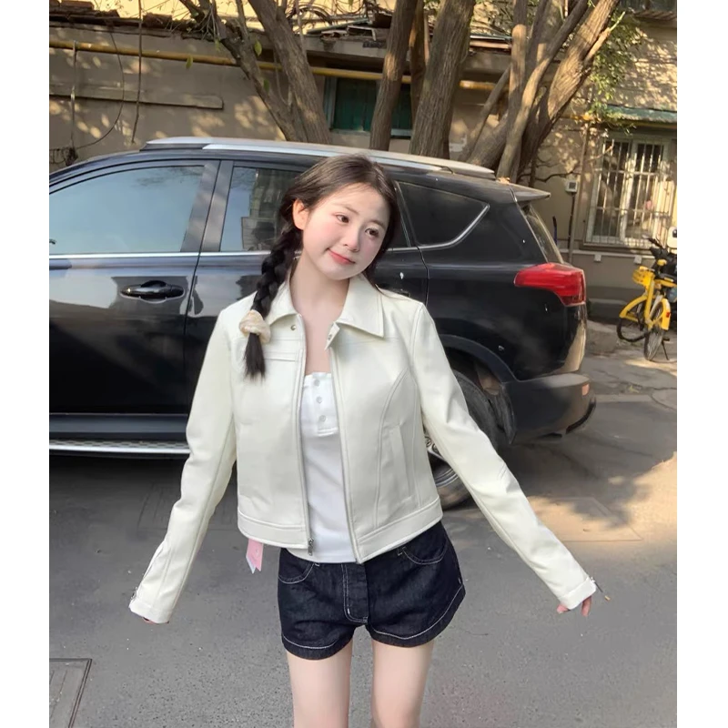 小众美式翻领奶呼呼白色Pu皮衣外套女25秋季新款修身显瘦休闲夹克