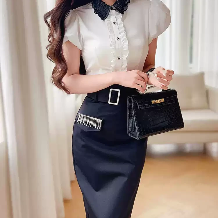 粉红大布娃娃夏日短袖重工领子衬衫套装DA1BST004-DA1BSK004