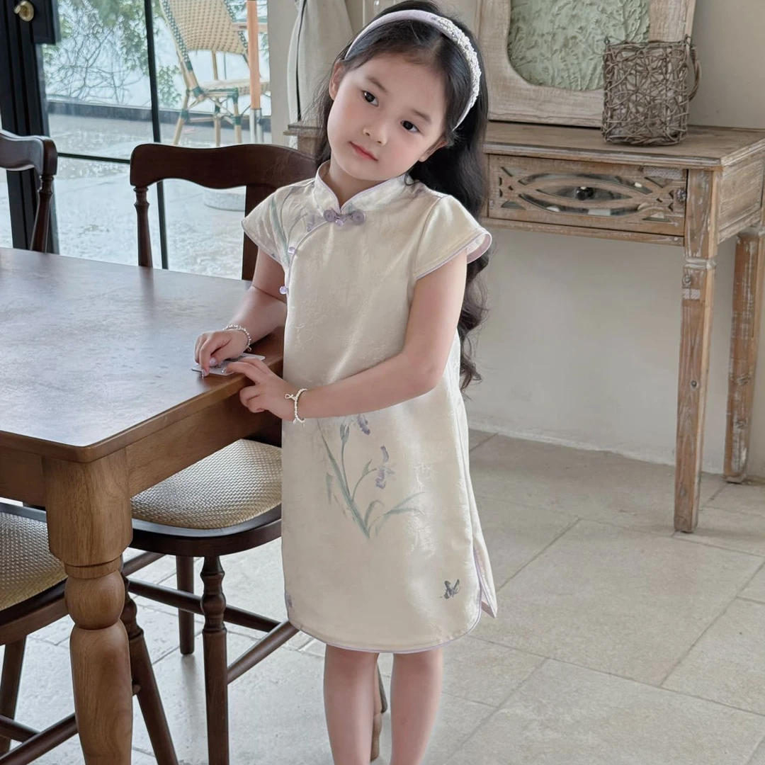 清 现货）壹妈童装夏季女童复古洋气旗袍儿童夏季中国风白色连衣裙