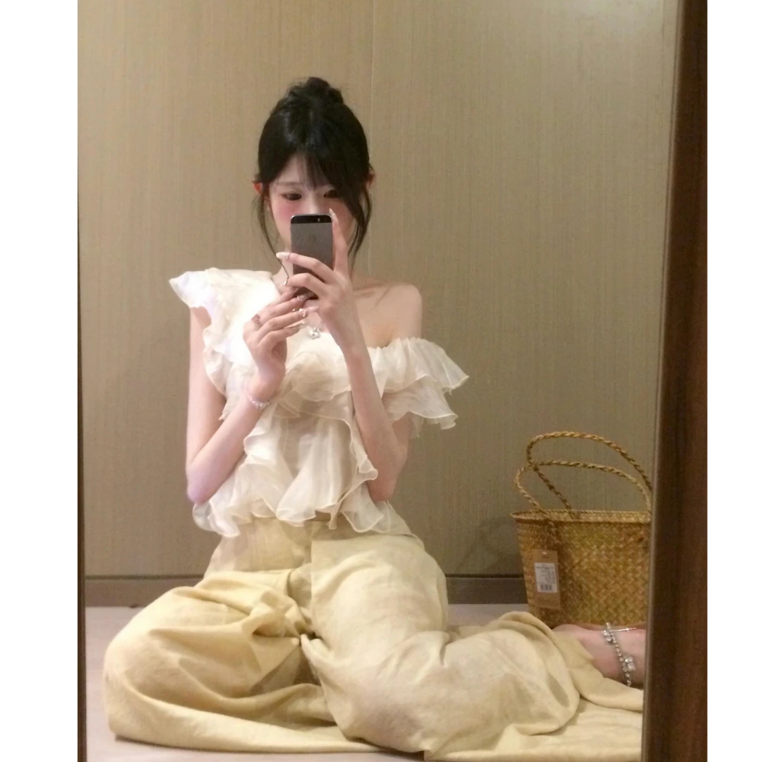 parkyeon温柔风不规则荷叶边露肩T恤女超仙漂亮小衫半身裙套装
