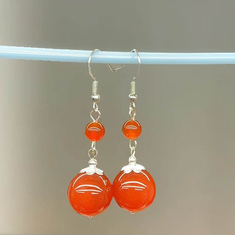 (不喜欢大珠勿拍）卡约14mm大珠925银钩玛瑙耳坠 红色圆珠款043