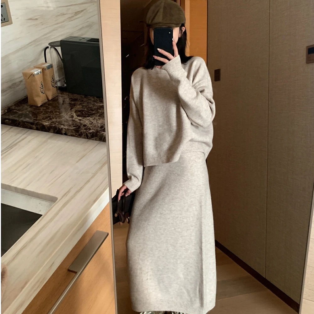 气质简约高级慵懒感日常百搭毛衣+半身裙套装