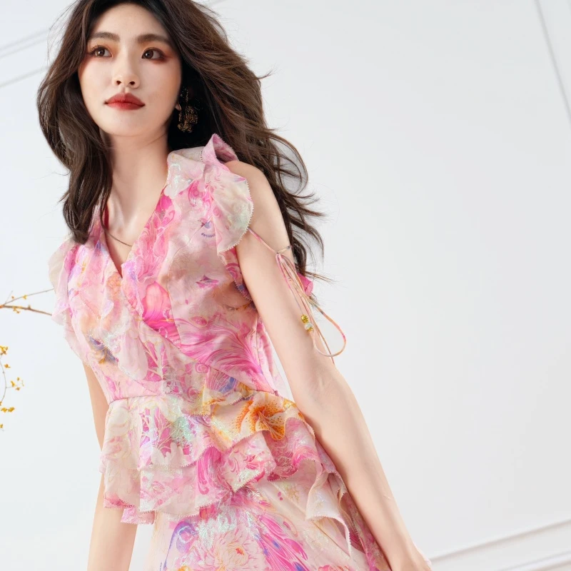 【元旦活动】YINGCHOI两色印花荷叶边上衣半裙套装 21819/71482