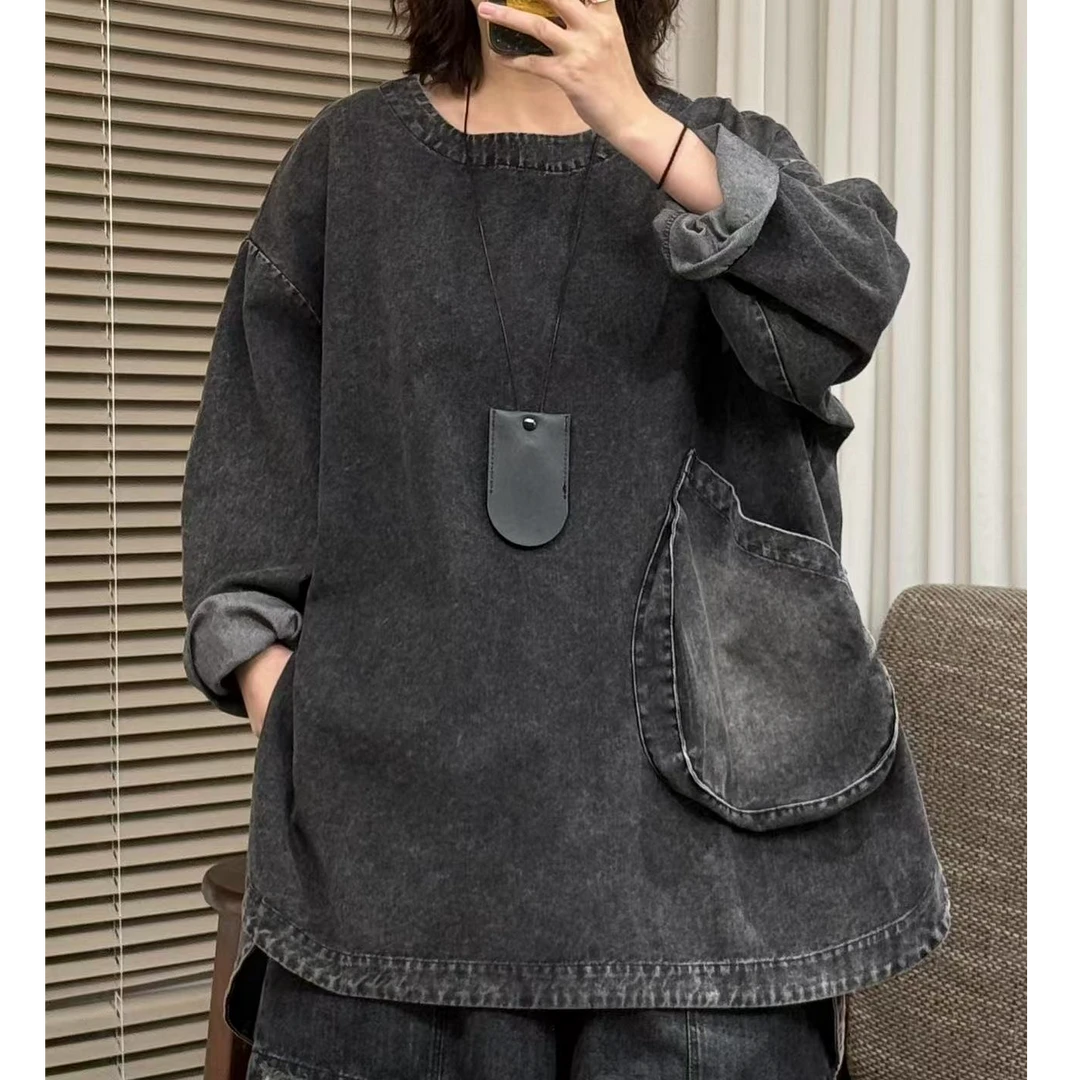 春季新款大口袋侧开叉洋气水洗牛仔上衣休闲外套韩版