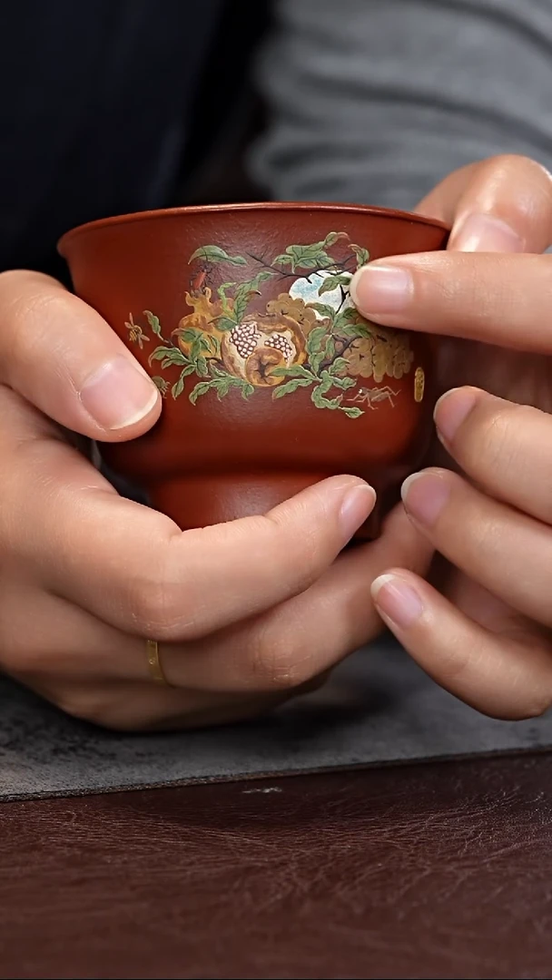 茶杯紫泥朱泥泥绘花卉