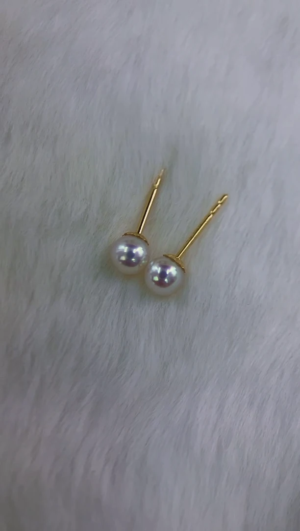 18K金镶嵌akoya海水珍珠耳钉4.5-5mm