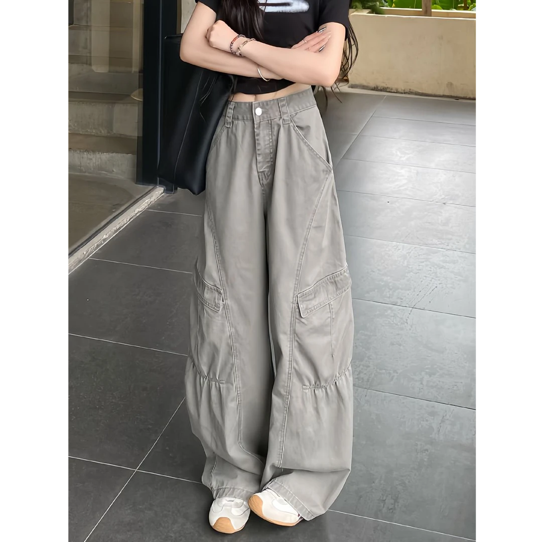 【晚意】小个子美式复古工装阔腿牛仔裤女高腰宽松显瘦直筒拖地长裤