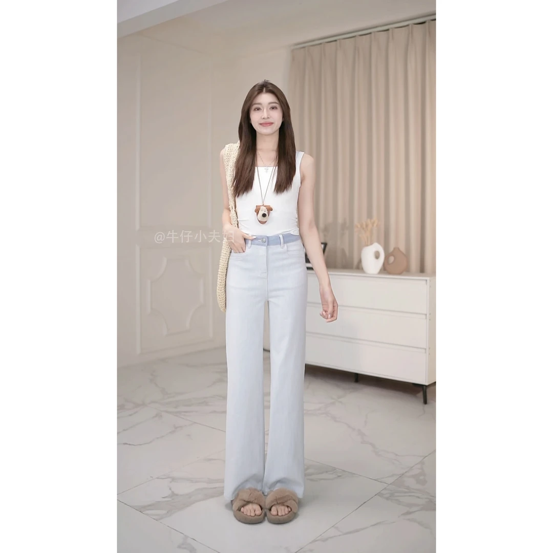 牛仔小夫妇-慕斯蓝-早秋定制小众设计款-窄版直筒微阔腿裤/不臃肿