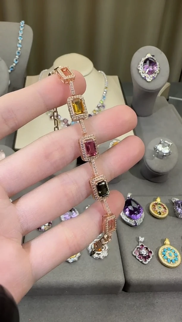 银S925镶嵌手链碧玺10*8mm手链高级款多样性发一