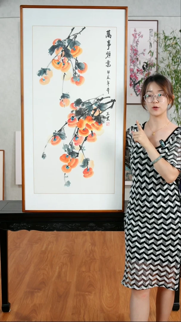 国画戚莉莉《万事顺意》手绘含框122*62厘米