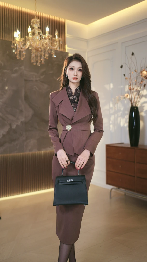 罗曼定制  原创设计时尚套装复古秋轻职风连衣裙女装西装双排扣