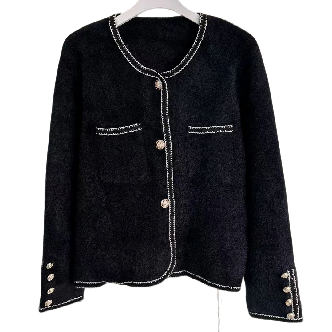 013春秋新款设计感法式小香风仿水貂绒针织开衫气质毛衣女