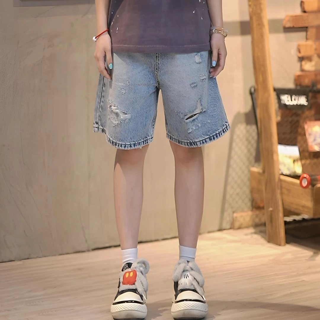 Lahamo/癞蛤蟆夏季雪花蓝男女同款水洗百搭宽松牛仔五分中裤7202