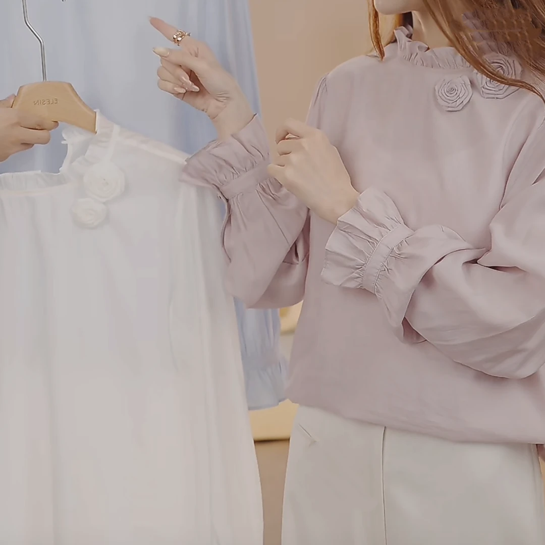 设计感木耳边纯色套头气质衬衫2025春季新款法式立体花朵长袖衬衣