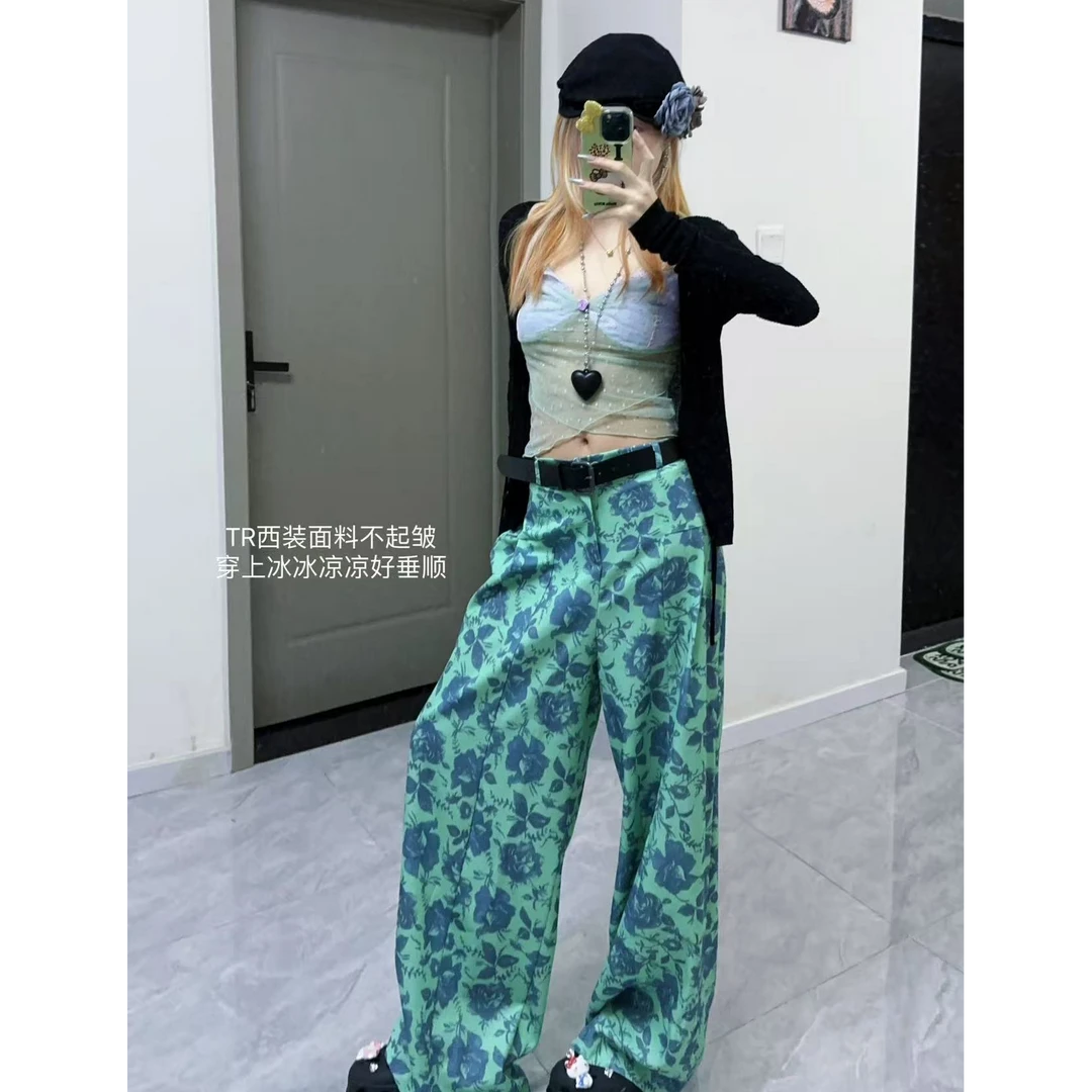 性感纯欲网纱吊带外穿短款上衣背心绿色印花直筒阔腿裤时髦长裤女
