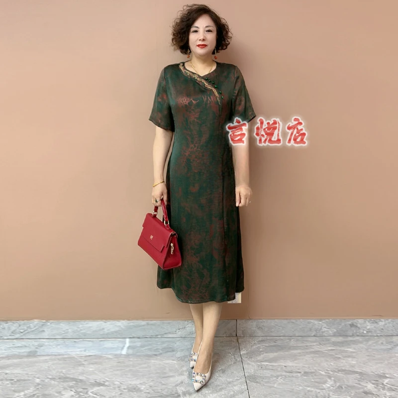 0306阔太太新中式妈妈洋气连衣裙夏装中老年女装短袖复古气质裙子
