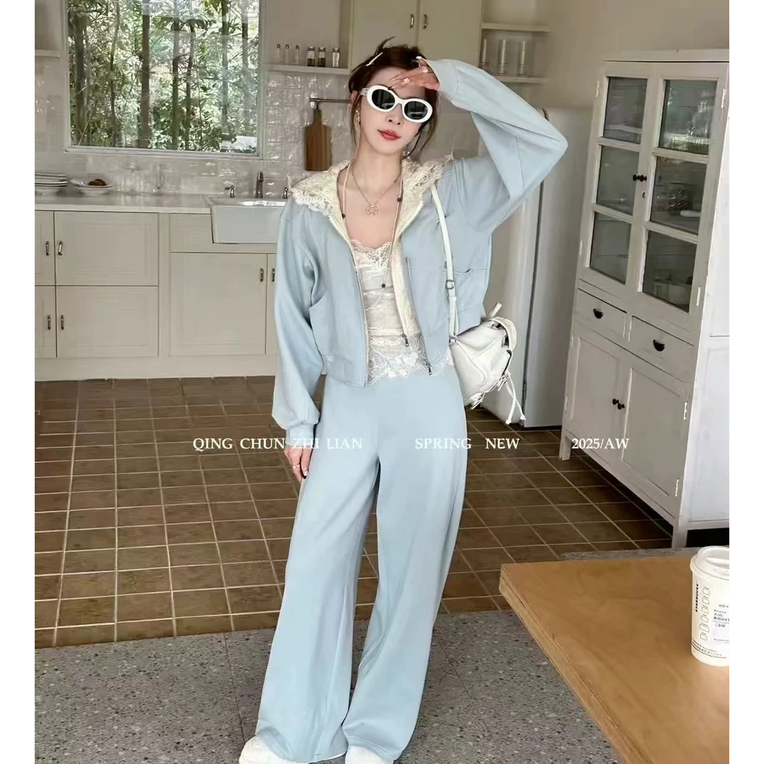 【蕾丝套装】套装女25春秋新款蕾丝上衣假两件外套阔腿裤气质两件套