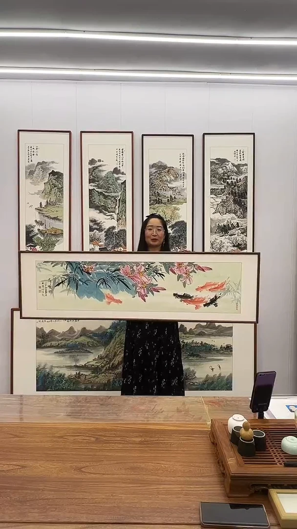 国画阿里丁 160*45 百合鱼六鱼图