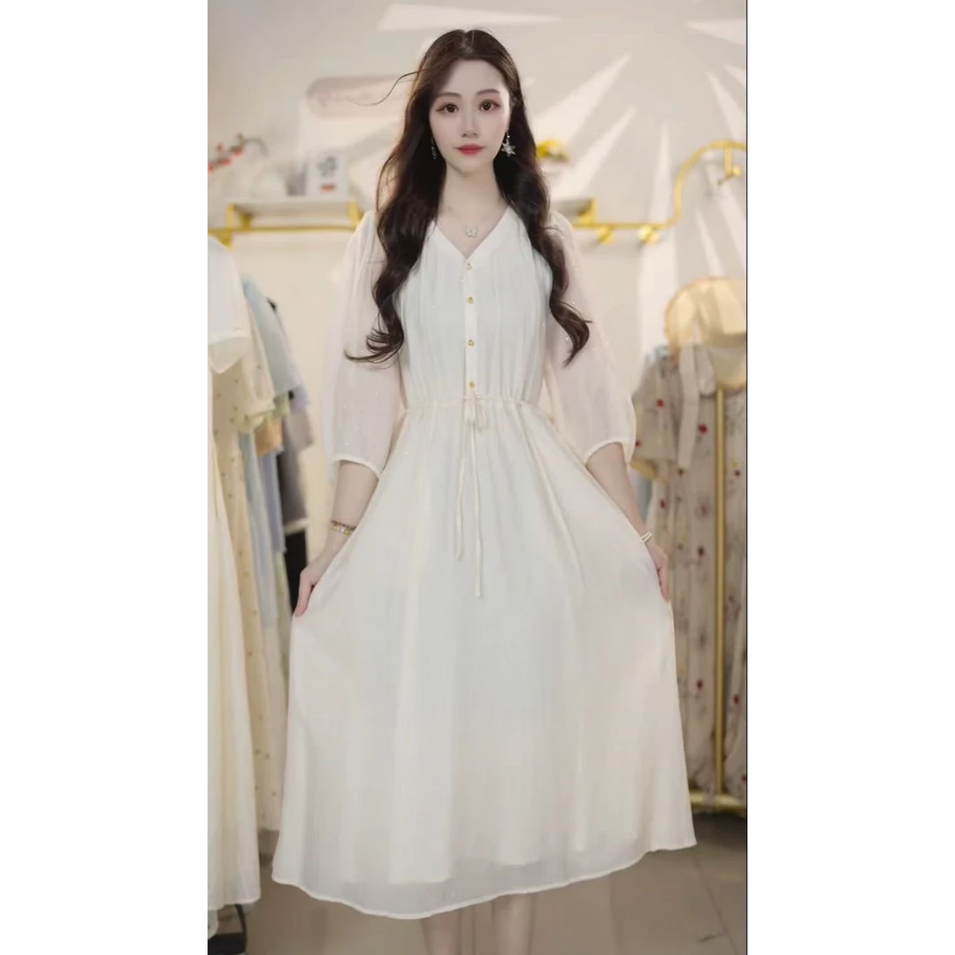 高级感白色连衣裙女夏季2025新款收腰 显瘦温柔风雪纺裙子