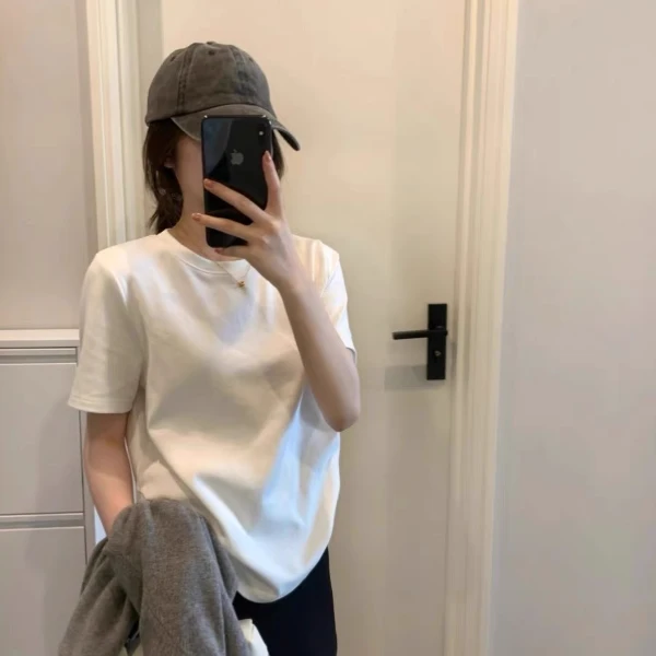 白色纯棉正肩短袖T恤女夏季2025新款纯色百搭宽松内搭打底衫上衣