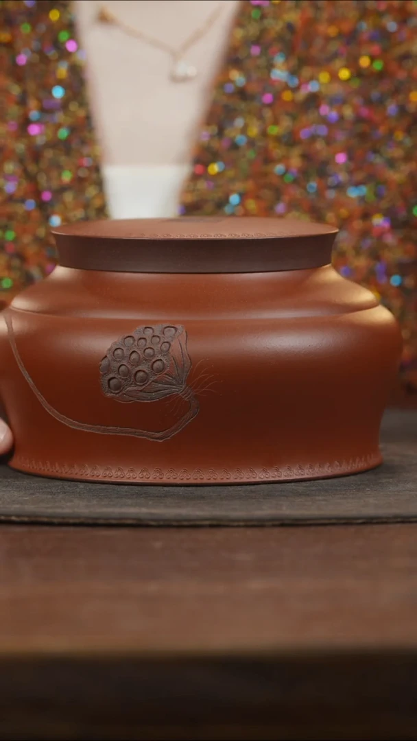 【闪购商品】紫砂茶叶罐平盖朱泥刻莲蓬茶叶罐