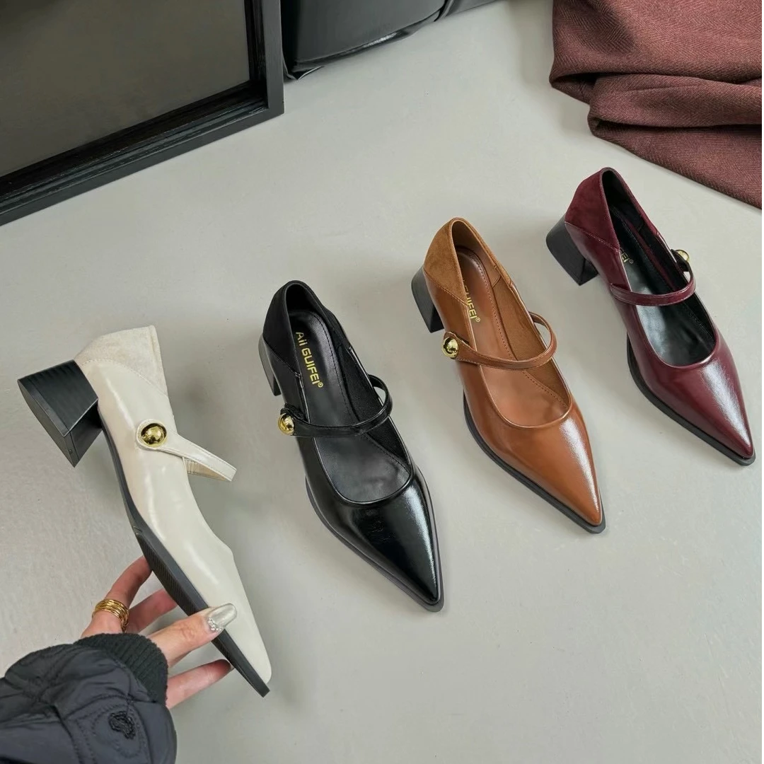 法式复古尖头玛丽珍单鞋女2025极简设计百搭气质浅口粗跟单鞋