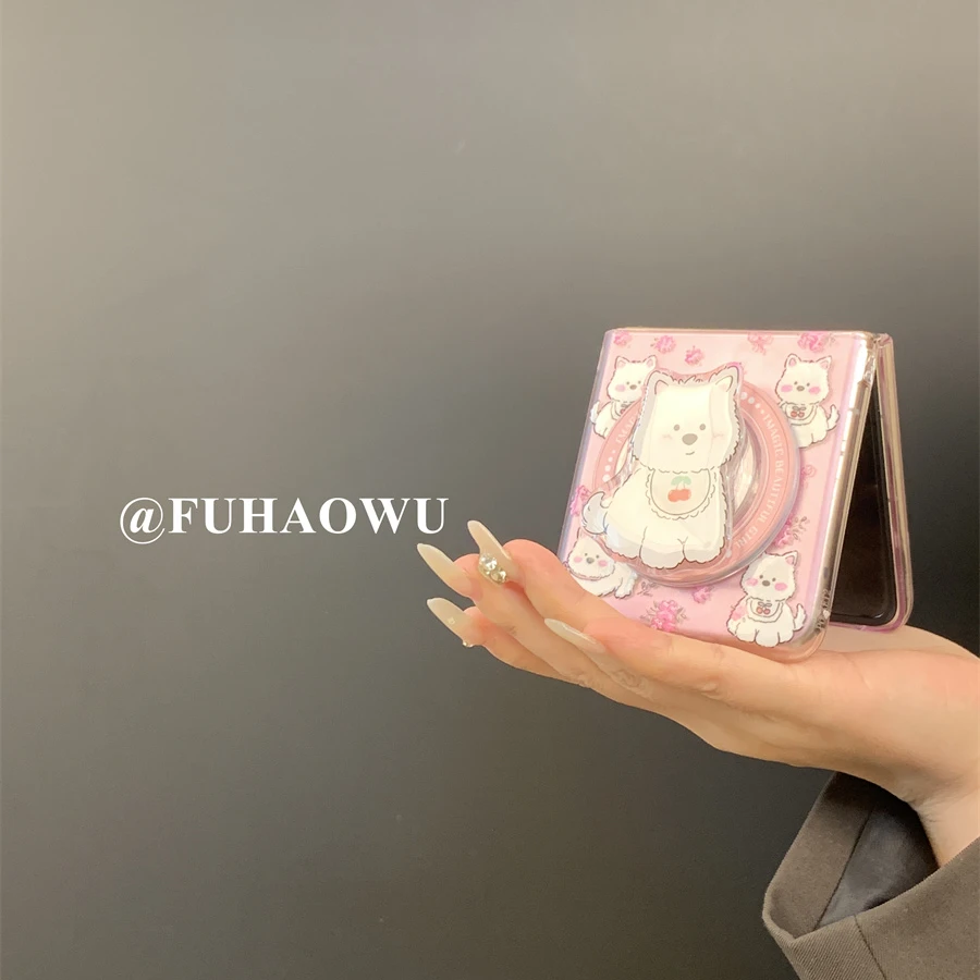 适用荣耀magicvflip手机壳透粉碎花狗狗华为pocket2折叠屏p50/s