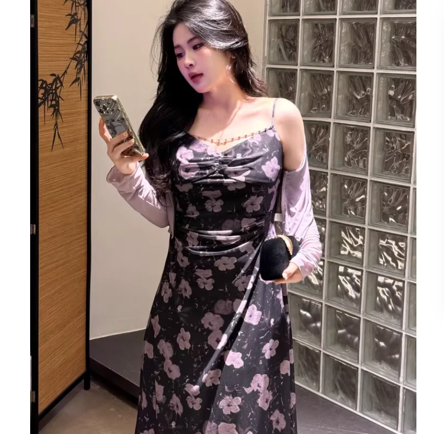 大码胖mm法式温柔开衫网纱连衣裙女2025夏季新款收腰显瘦气质长裙