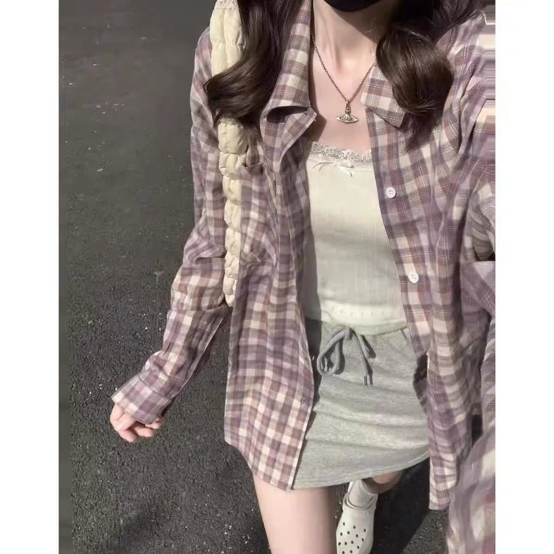 香芋紫格子衬衫女小众港韩版外套衬衣女