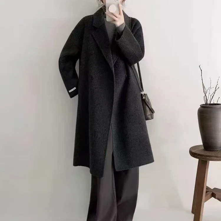 韩系长款双面绵羊毛大衣经典四粒扣西装版大衣