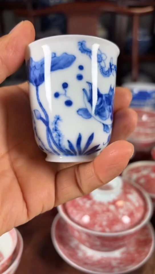 柴窑青花荷花鲑鱼杯杯