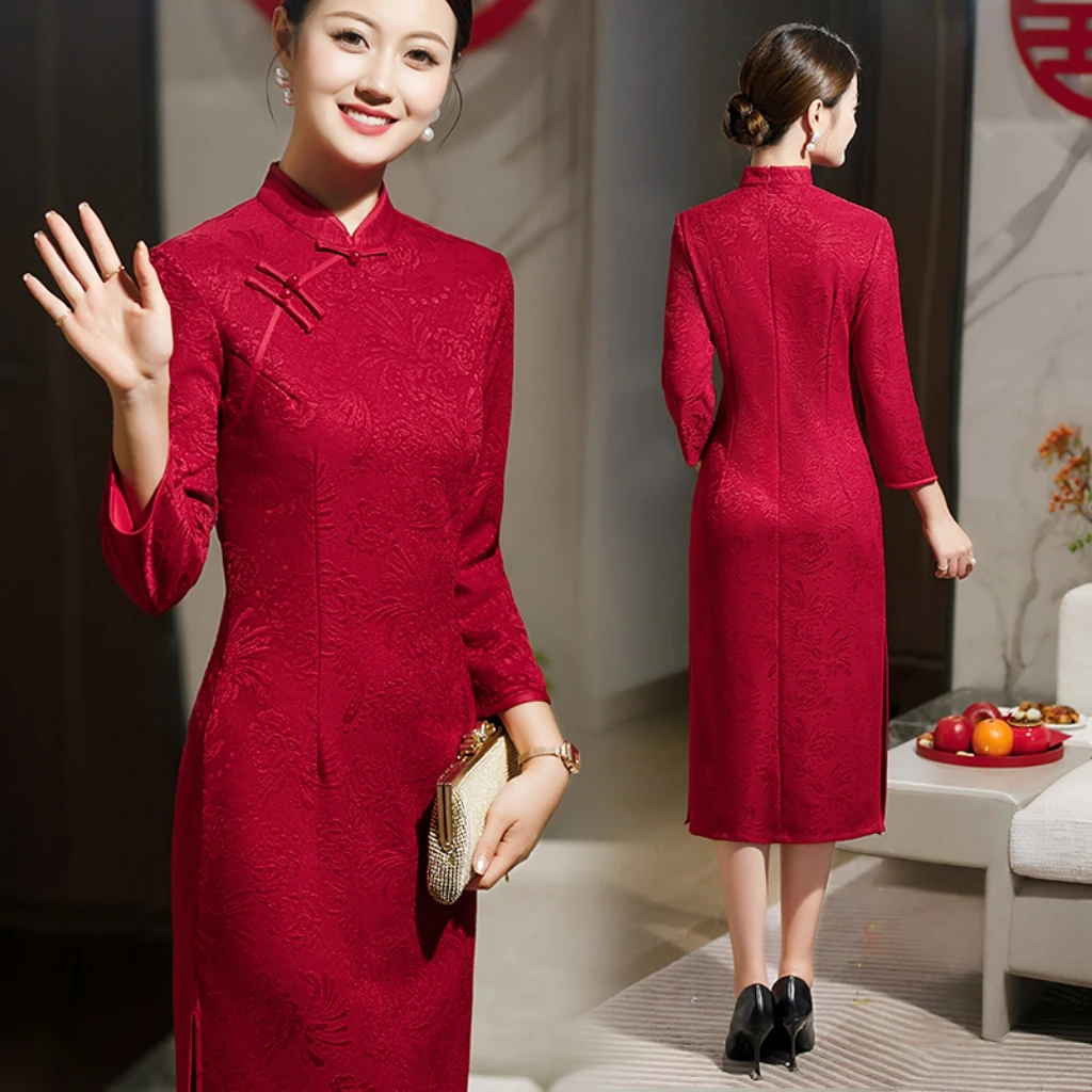 元旦红色旗袍喜婆婆礼服婚宴装喜庆年服国风连衣裙妈妈装春节旗袍