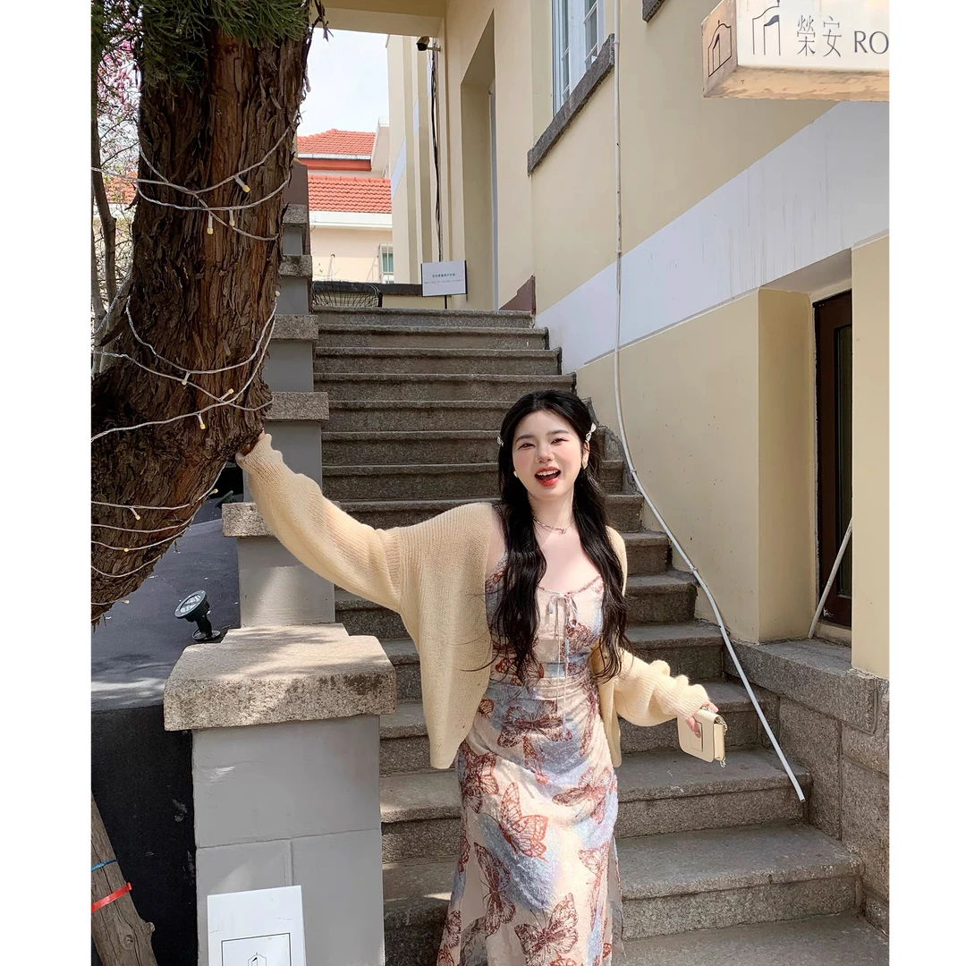 巨鹿工作室 小甜椒/夏之热恋！晕染蝴蝶印花连衣裙度假吊带裙