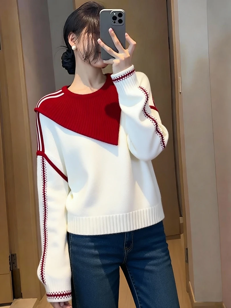 个性潮酷中性风潮流时尚百搭前卫设计感白色上衣女2025冬天针织衫