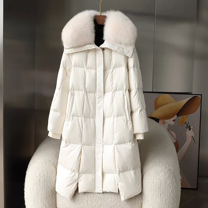 530合格品方领长款羽绒服宽松女装时尚保暖韩版大狐狸毛领过膝