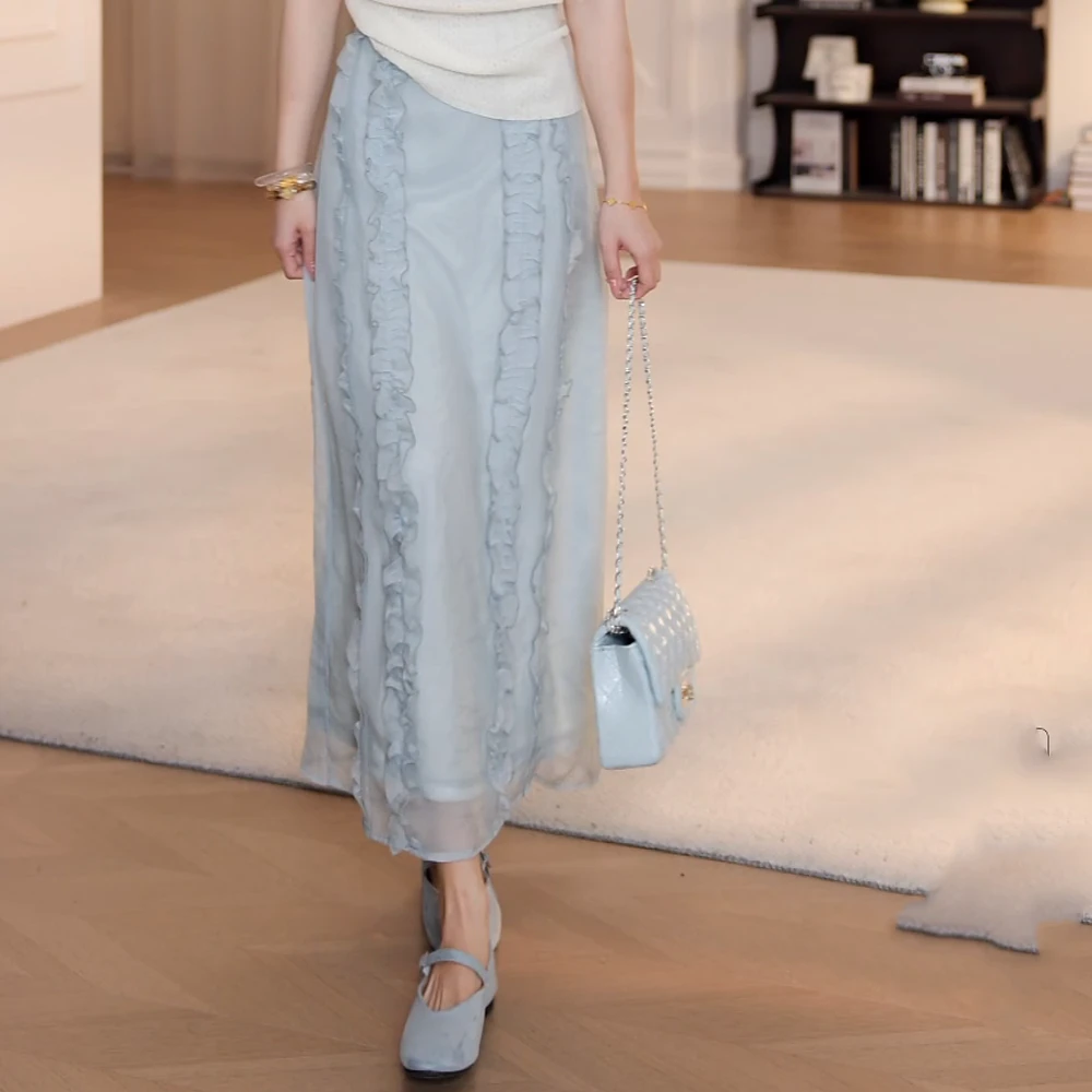 【蓝风铃絮】显瘦气质松紧腰流苏木耳边半身裙