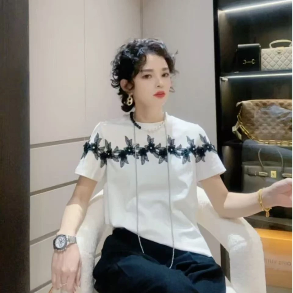ZM25年夏季新款修身型圆领蕾丝T恤时尚气质印花高奢T恤87103