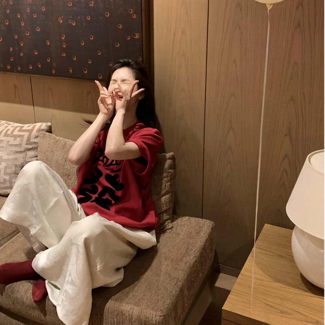 2026发财印花T恤女早春新款短袖宽松红色上衣女百搭休闲裤两件套