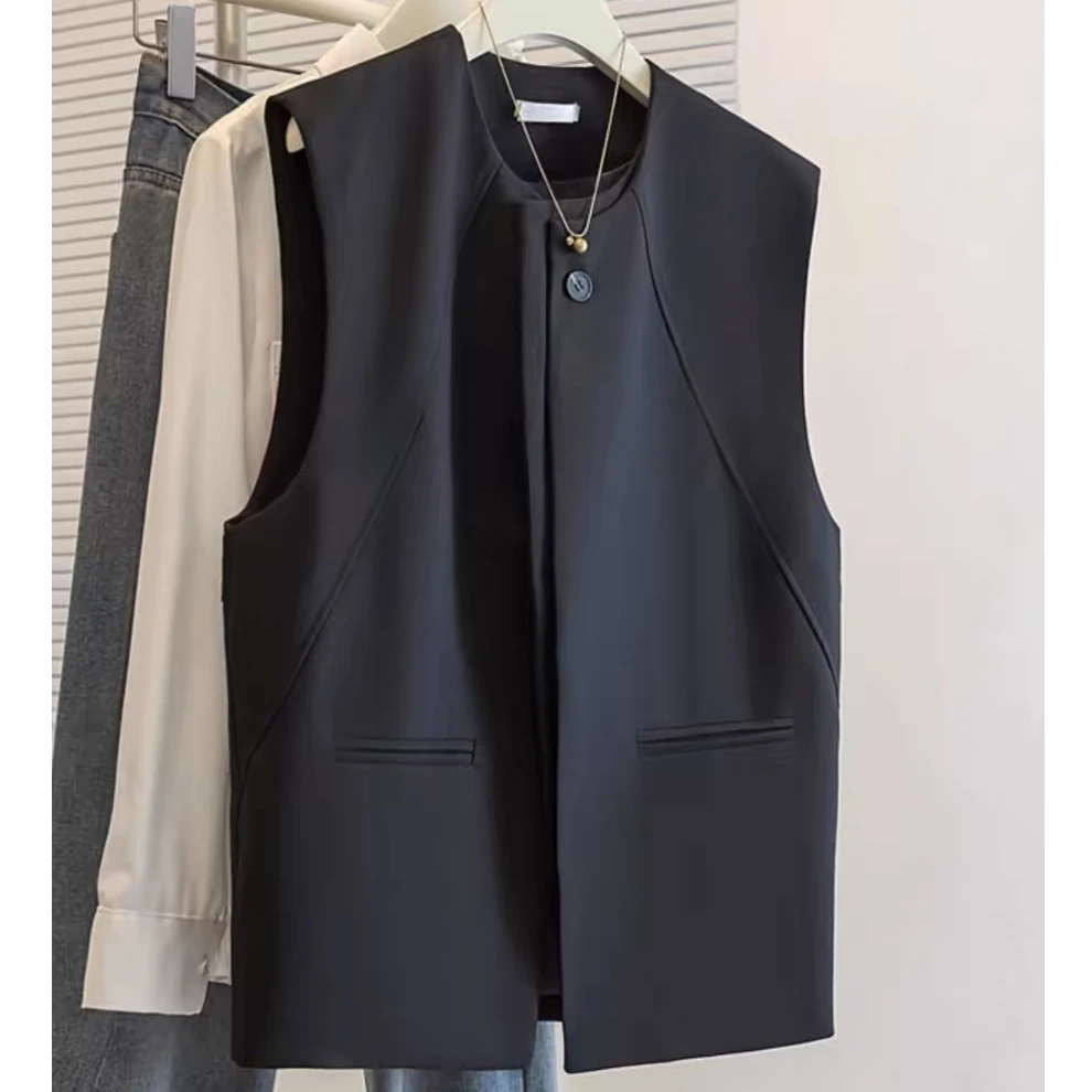 深圳南油大牌奢品高级感黑色西装马甲外套女春季立体剪裁叠穿背心