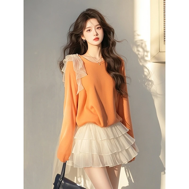 早春时尚一整套女装2025新款韩版绑带百搭上衣a字蓬蓬短裙两件套