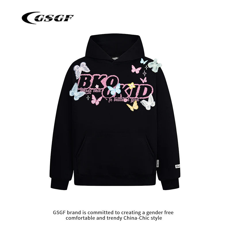 GSGF美式复古手绘字母蝴蝶印花连帽卫衣男女情侣夏季宽松休闲上衣
