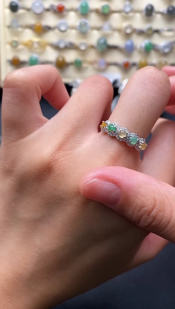 银S925镶嵌戒指翡翠222222+5