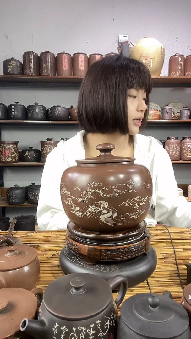 7建水紫陶精磨彩填醒茶罐