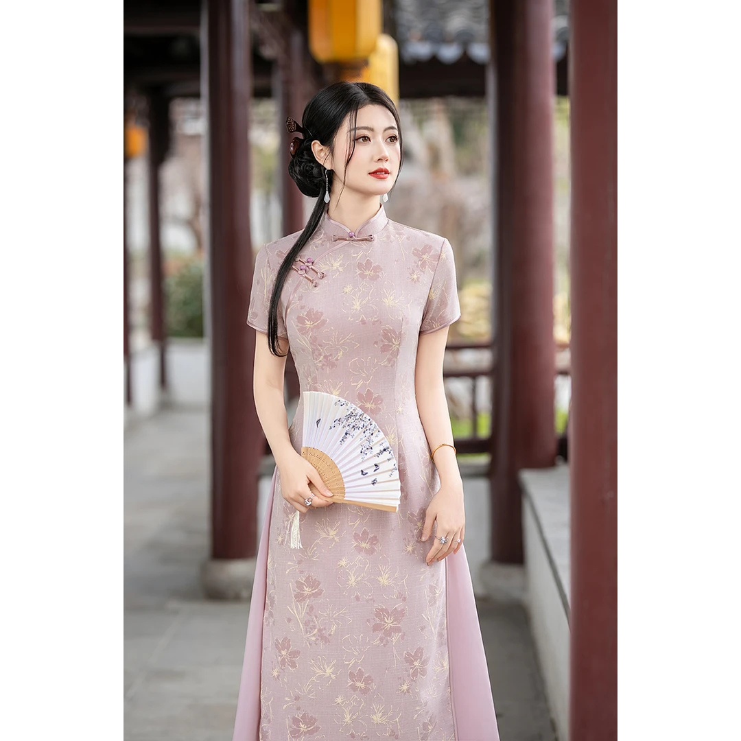 7906-花色新中式旗袍显瘦印花中式复古日常复古风短款