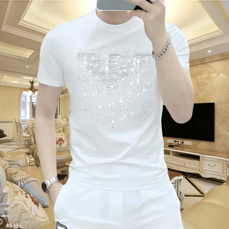 欧货男士时尚夏季潮流修身休闲轻奢百搭圆领新款烫钻冰丝休闲t恤