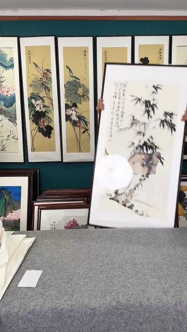 国画竹报平安实木装裱60*123