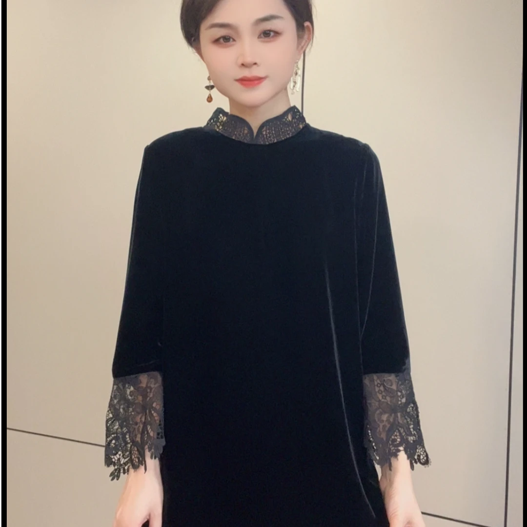 YS120镂空真丝丝绒连衣裙女款高贵气质宽松大码显瘦长裙m117