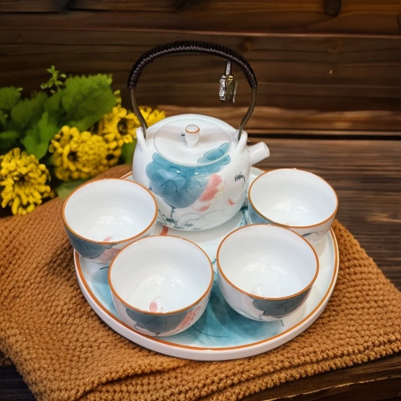 ZH2604手绘荷花提梁壶一壶四杯+盘