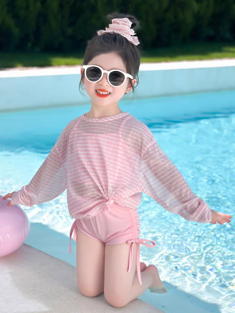 女童泳衣分体三件套夏装2025新款中大童海边度假长袖防晒平角泳装