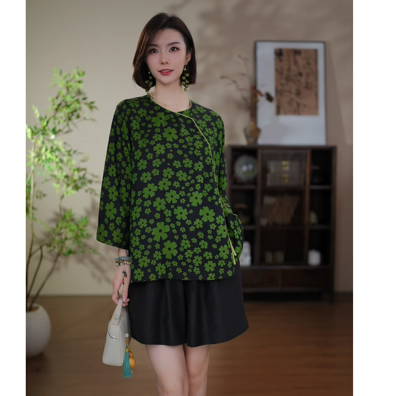 GONG QUE【碧花隐】新中式桑蚕丝香云纱圆领斜襟九分袖上衣 3419